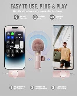 3 in 1 Wireless Lavalier Microphone for iPhone, iPad, Android, Camera, Mini Microphone, 7-Hour Battery, High Definition Sound Quality for Interview, Video Podcast, Vlog (Pink)
