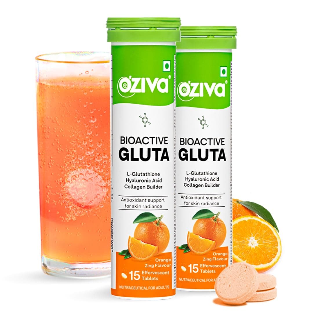 OZiva Bioactive Glutathione Tablets for Radiant Skin - 30 Effervescent Tablets (Pack of 2) | L-Glutathione, Lycopene, Vitamin C for Skin Glow & Anti-Pigmentation | Orange