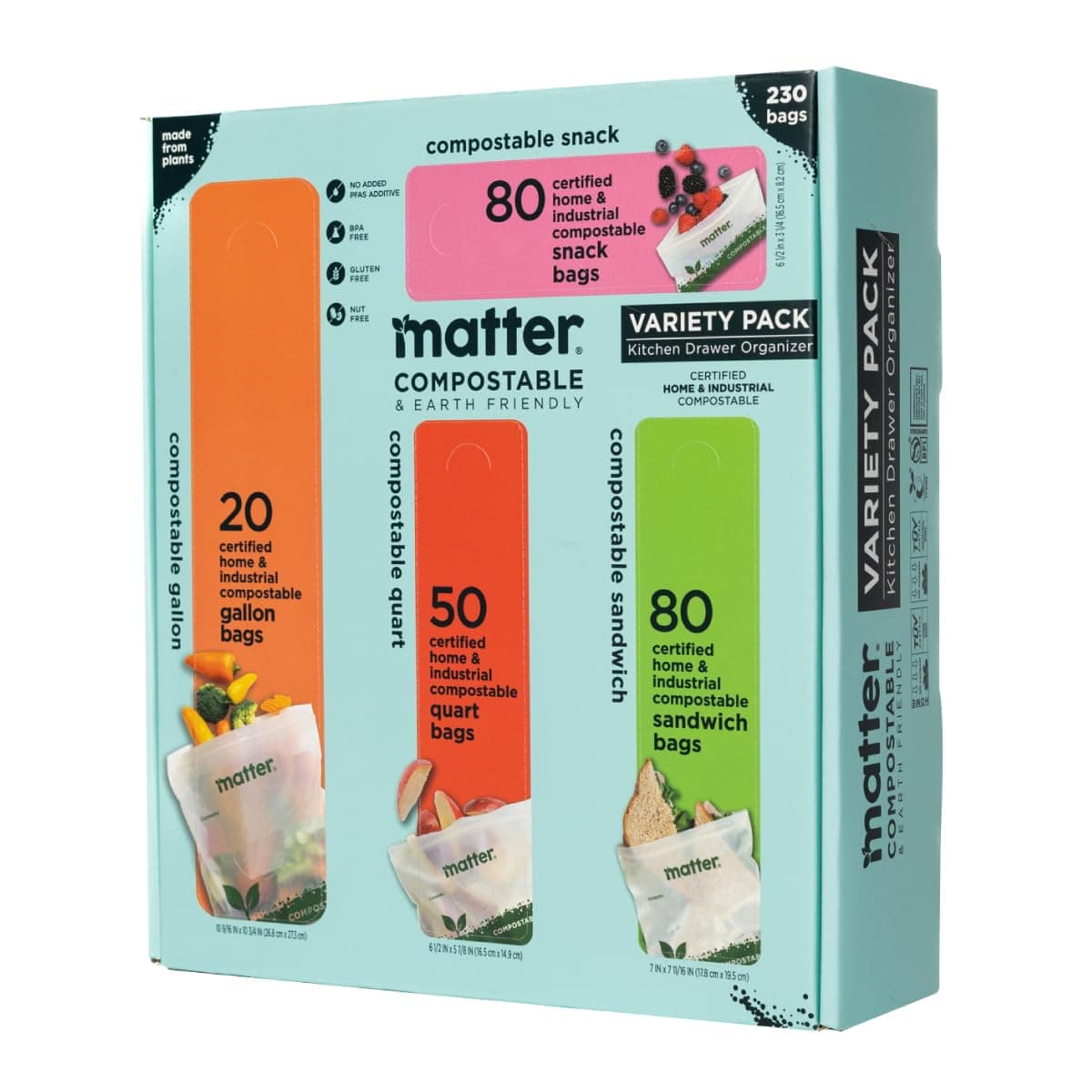 Matter Compostable Assorted Kitchen Bags, 230 Count, Biodegradable, Eco-Friendly Resealable Food Storage Variety Pack, 80 Snack, 80 Sandwich, 50 Quart & 20 Gallon
