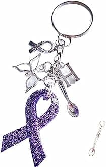 Handmade Personalised Initial Fibromyalgia Purple Resin Glitter Awareness Ribbon Charm Keyring with Butterfly Hope Spoon Bag Charm