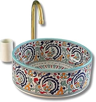Handmade Countertop Ceramic Wash Basin Sink, Floral Sink Bowl, Hand Painted Above Counter Vanity Vessel Sink, Farmhouse Bathroom Ceramic Basin with 2 Gifts (12"= 30cm)