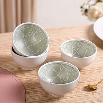 Nestasia Ceramic Bowl for Snacks - Dishwasher & Microwave Safe Bowl Set of 4 (325 ml), Geometric Art Deco Designed Serving Bowl Set for Soups, Treates, Desserts, Sweets, Dal & Sabji (Mint)