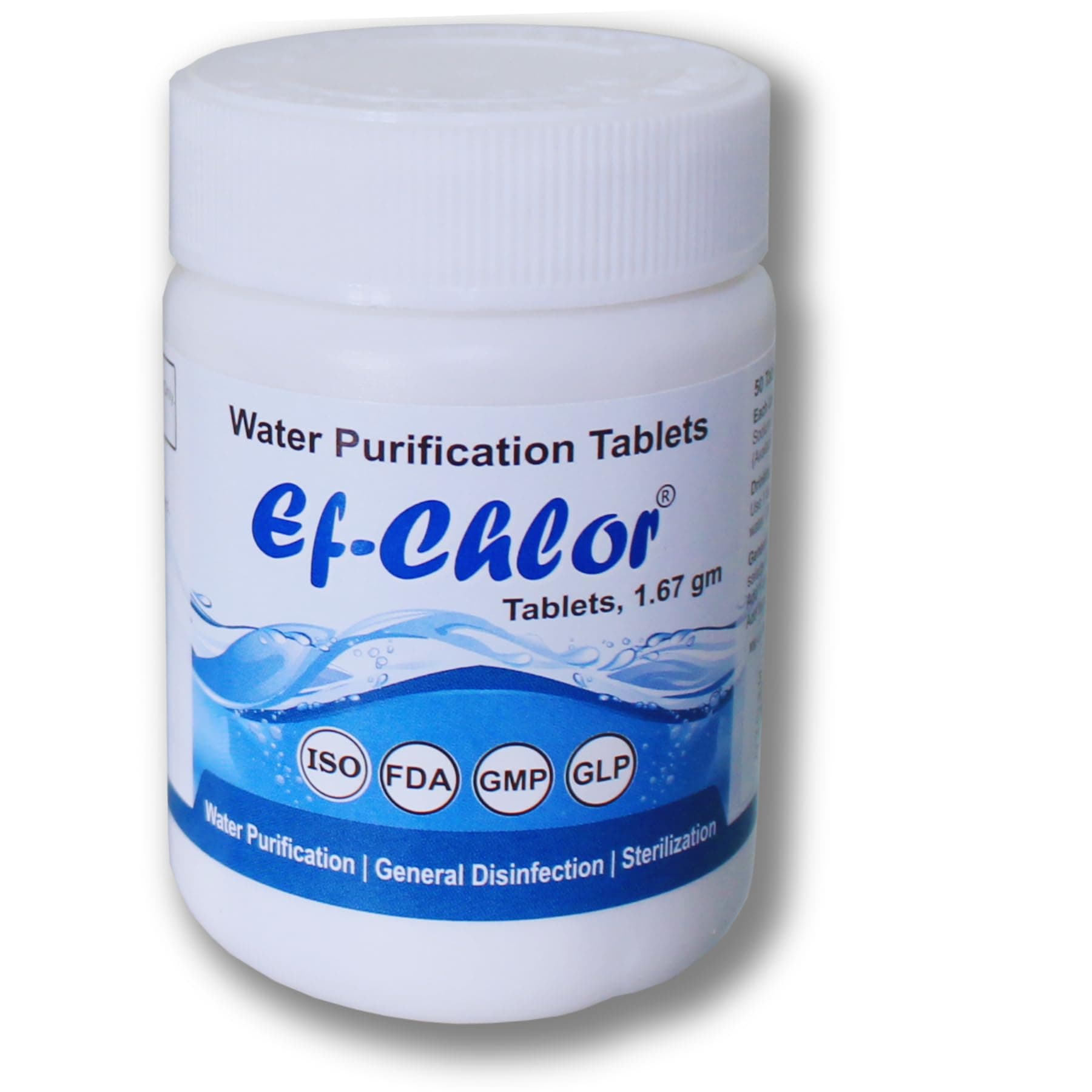 Ef-Chlor Water Purifier Tablets (1.67g Each, 50 Tablets) – Emergency & Disaster Water Treatment for Safe Drinking, Outdoor Adventures, and Long-Term Storage – Purifies 132 Gallons Per Tablet