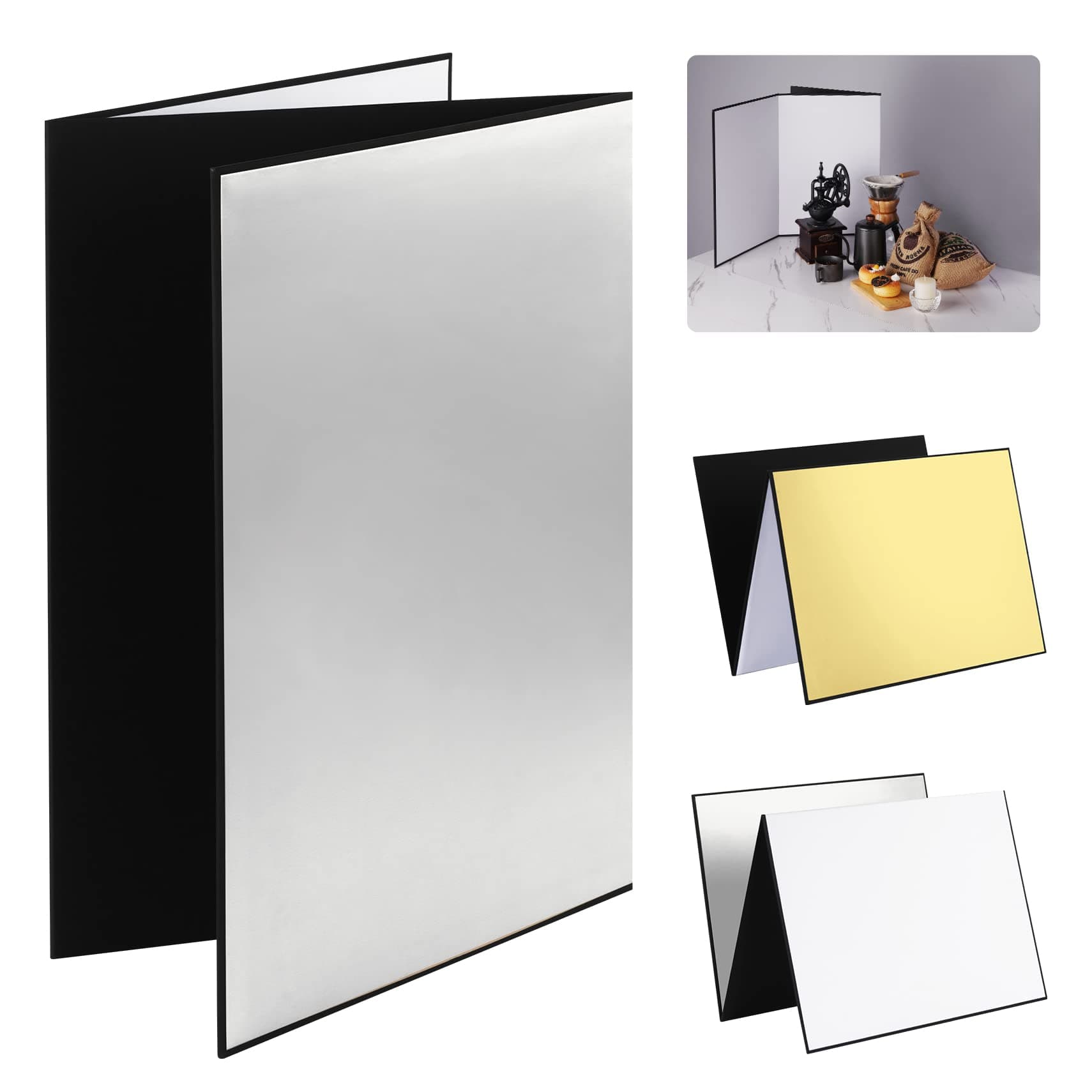 Selens 4 in 1 Light Reflector Photography Cardboard Diffuser 29.7x21cm Folding Board for Product Food Props Jewelry Still Life Shooting Silver/White/Gold/Black A4