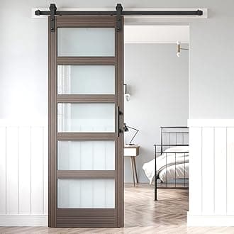 30x84 Inch Glass Sliding Barn Door Slab and 5.5ft Hardware Kit Included, 5 Frosted Glass, LVL Wood Panel Covered with Elephant Gray Water-Proof Scratch-Proof PVC Surface, Simple DIY Assembly