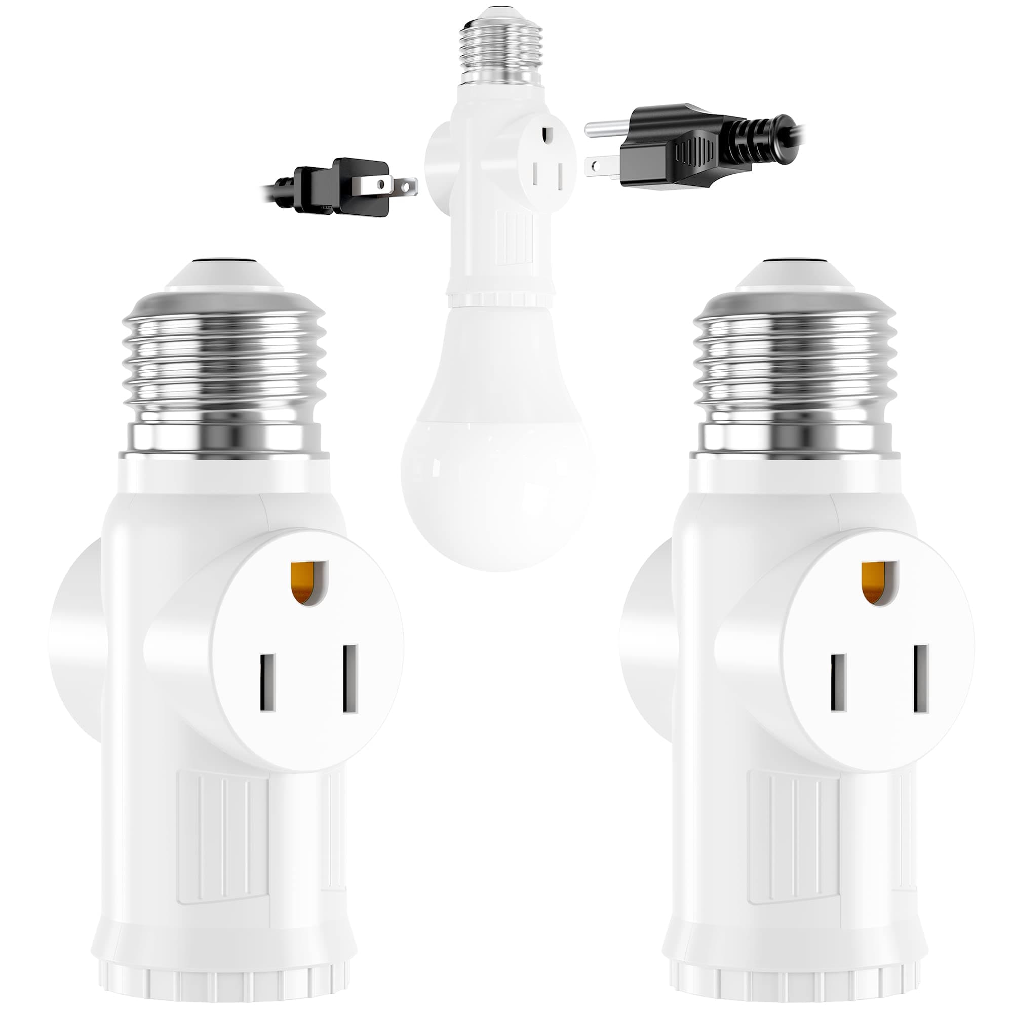 2-Pack Light Socket to Plug Adapter, JACKYLED E26/E27 3 Prong Light Socket Adapter with 2 AC Outlets and 1 E26 Socket for Garage Porch Security Camera Home Office, White