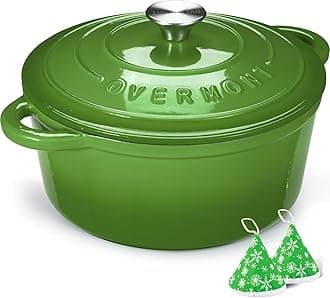 Overmont 5L Enamelled Cast Iron Round Casserole Pot With Lid Cookbook & Cotton Potholders - Non-stick Dutch Oven Cookware for Braising, Stews, Roasting, Bread Baking - Green, 26cm