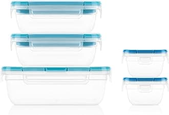 Plastic Total Solution 5-Pack (Mixed Sizes) Food Storage Containers Set, Leakproof & Airtight Plastic Locking Lids Rectangular Tupperware, BPA-Free Lids, Microwave Dishwasher Freezer Safe