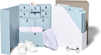 Savor I Baby Deluxe Box | Acid-Free Newborn Keepsake & Memory Organizer with 52 Labels, 9 Drawers, 8 File Folders | Gift for Pregnancy, Gift for Mom & Baby Shower, Blue, Harper Font
