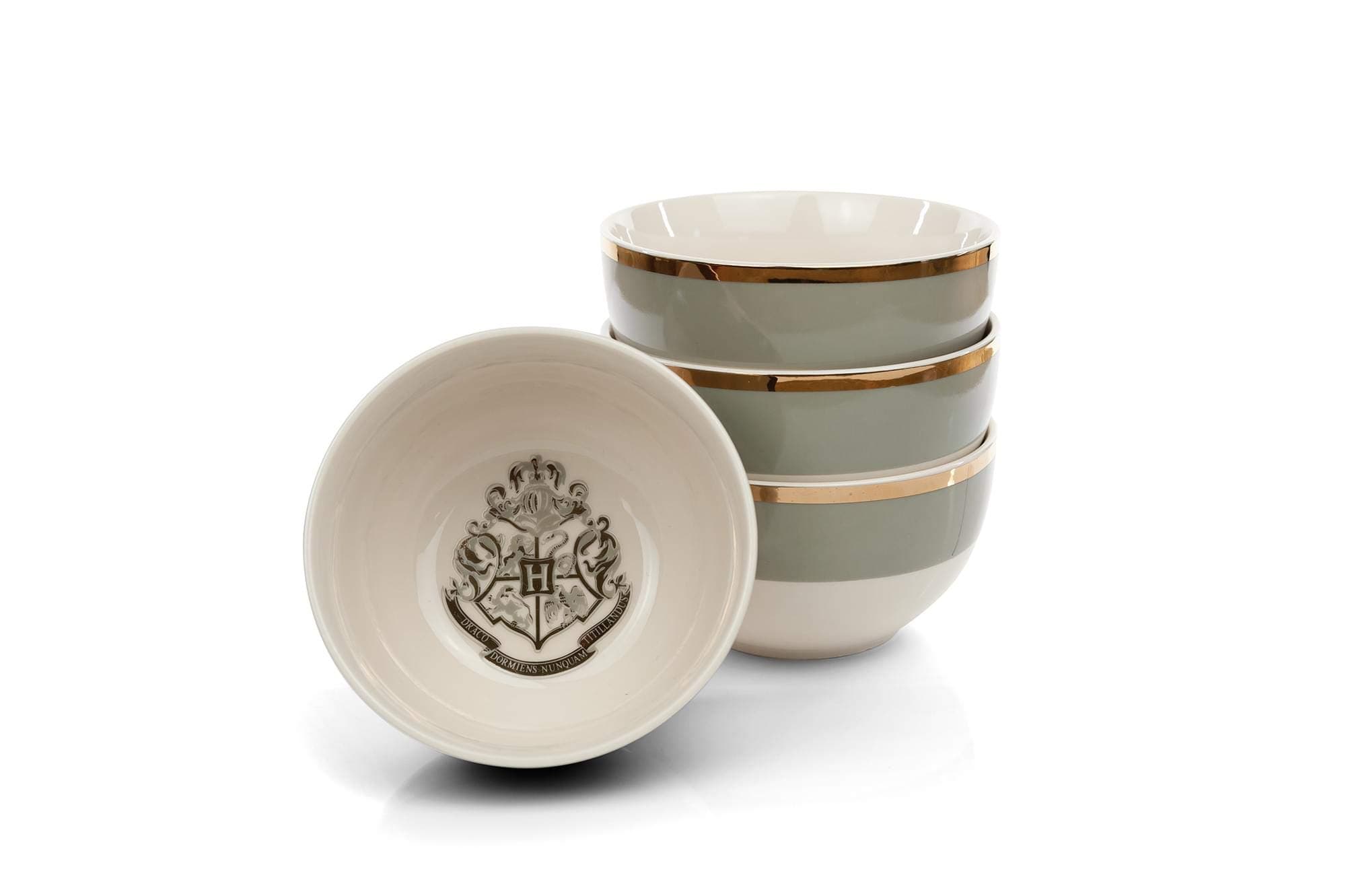 Bowl Set, Includes 4 Side Bowls - Premium Ceramic White and Grey with Hogwarts Crest and Gold Finish