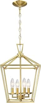 Untrammelife Gold Lantern Pendant Light 4-Light Modern Hanging Pendant Light Fixtures in Brushed Brass Finish, Adjustable Metal Chain Geometric Chandelier for Kithchen Island Stair Hallway Foyer