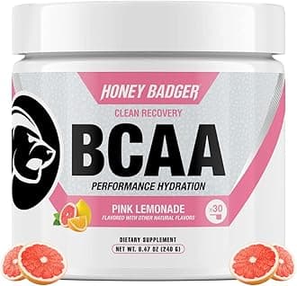 Honey Badger BCAA + EAA Amino Acids Electrolytes Powder, BCAAs + L-Glutamine, Keto, Vegan, Sugar Free for Men & Women, Hydration & Post Workout Muscle Recovery Drink Mix, Pink Lemonade, 30 Servings