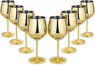 LifecapidoStainless Steel Wine Glasses Set of 8, 18oz Stainless Steel Wine Goblets, Stemmed Metal Wine Glasses with Cup Brush for Party Office Wedding Anniversary, Great for Red White Wine (Gold)