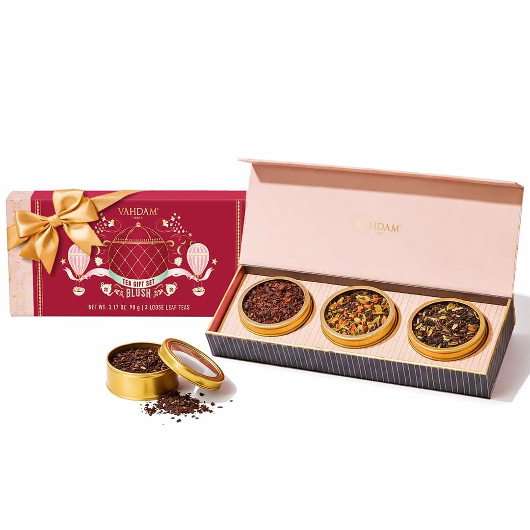 VAHDAM, BLUSH - Assorted Tea Gift Set, 3 Premium Teas in Tin Caddy Presentation Box | Loose Leaf Teas | Gift for everyone