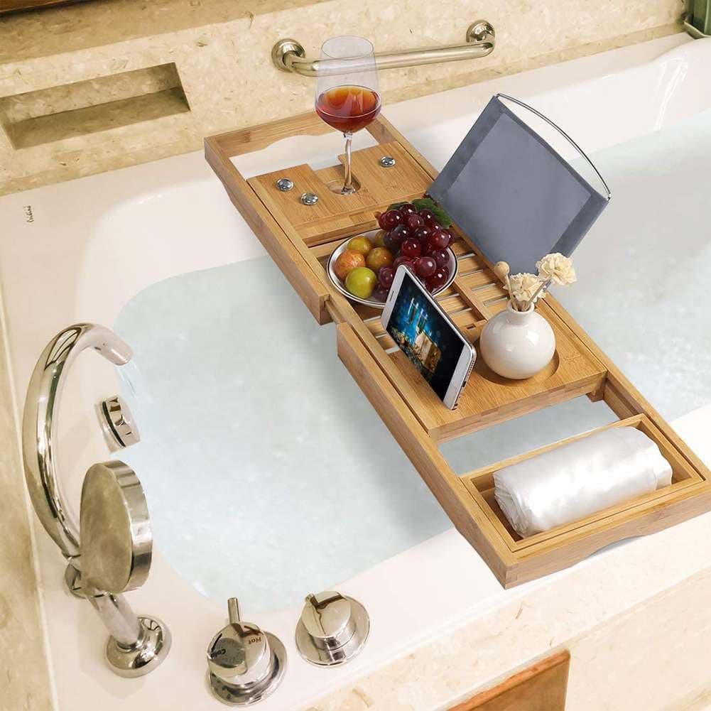 Adjustable Bamboo Tub Table, Bath Panel Over Tub, Spa Accessories Organizer, Tablet Holder, Bathroom Shelf, Tub Shelf