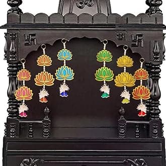 Wood 6 Pc Two Tier Mix Color Lotus Different Size Jhumka Wall Temple Hanging Thoran Decorative Showpiece For Diwali Ganesh Chaturthi Pooja Home Festival Decoration, Multicolor
