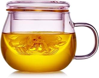 11oz Pink Glass Tea Cup with Infuser and Lid– Versatile and Elegant Gift for Women, Perfect for Loose Leaf Tea and Other Beverages.