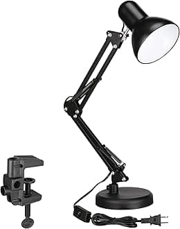 TORCHSTAR Metal Desk Lamp with Clamp, Swing Arm, Architect Adjustable Gooseneck Table Lamp, Clip Desk Lights for Home Office, Work, Study, Reading, E26 Base, Multi-Joint, Black