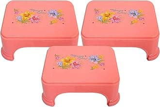 Kuber Industries Floral Print 3 Pieces Plastic Bathroom Stool, Adults Simple Style Stool Anti-Slip with Strong Bearing Stool for Home, Office, Kindergarten, Pink-KUBMART10867