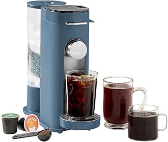 Pods & Grounds Single-Serve Coffee Maker, K-Cup Pod Compatible, 56-oz. Reservoir, 6-oz. Cup to 24-oz. Travel Mug Brew Sizes, Iced Coffee Maker, Blue, PB041BL