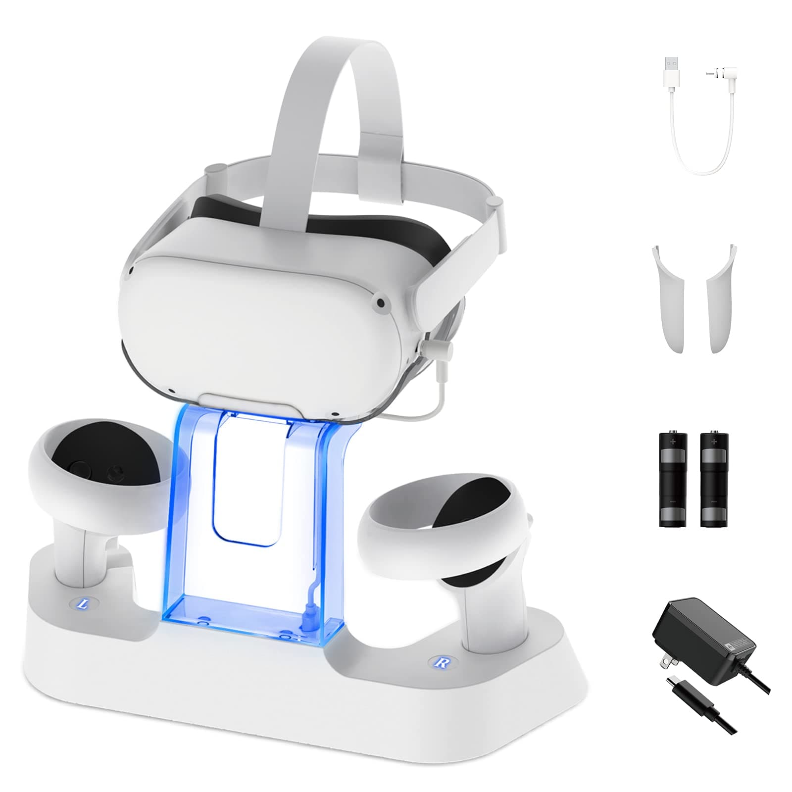 NexiGo Enhanced Charging Dock with LED Light for Oculus/Meta Quest 2, [Support Elite Strap with Battery], Headset Display Stand and Controller Mount, 2 Rechargeable Batteries, White