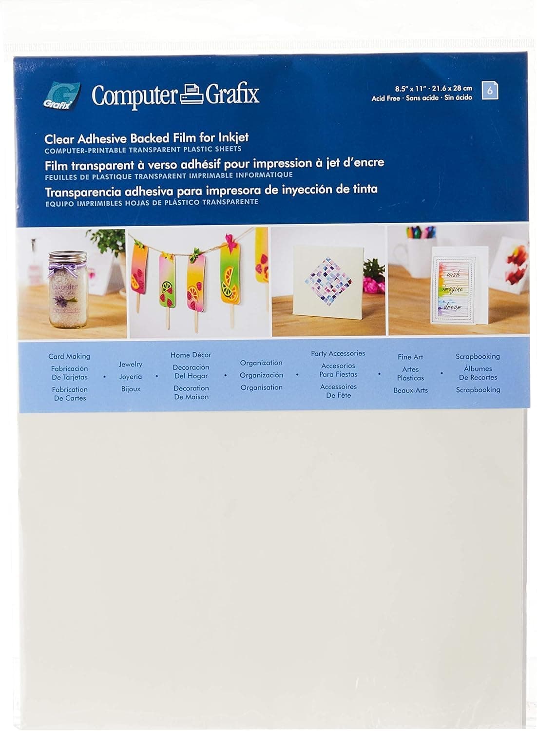 Grafix Computer Adhesive Backed Ink Jet Film – Self-Stick Printable Film for Creating Custom Journals, Stickers, Photos, and More, Ink Jet Printers Only (Clear - Adhesive, Pack of 6 (8.5" x 11"))