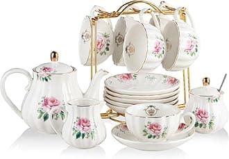 Porcelain Tea Sets British Royal Series, 8 OZ Cups & Saucer Service for 6, with Teapot Sugar Bowl Cream Pitcher Teaspoons and Tea Strainer, Suitable for High Tea, Wedding, Party(Blush Pink)