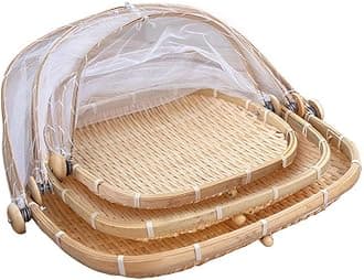 Bamboo Tent Basket Food Serving, Mesh Cover, Hand Woven Insect Bug Proof, Dustproof Fruit Vegetable Bread Storage Container for Picnic, Outdoor, Home Drying (Square Set,3 pcs)
