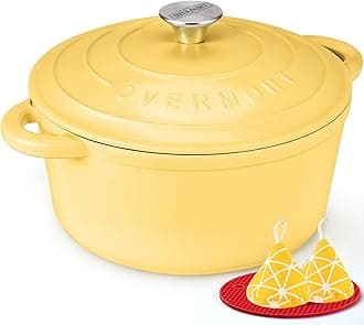 Overmont Roasting Dish Enamel Cast Iron Pot - 26 cm Oven Safe - with Lid and Cookbook - for Kitchen Baking Braising Roasting