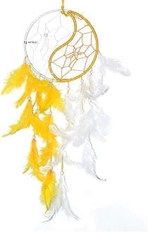 ARTBUG metal Yin Yang Dream Catcher Wall Hanging for Positive Energy and Protection Home/Office/Shop/Rooms (Yellow and White, Big - 6 inch)