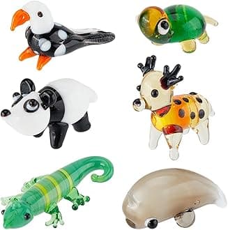 6Pcs Hand Blown Glass Figurines Miniature Animal Decor Colorful Glass Dolphin Bird Turtle Chameleon Deer Panda Display Decorations for Home Collectible Gifts