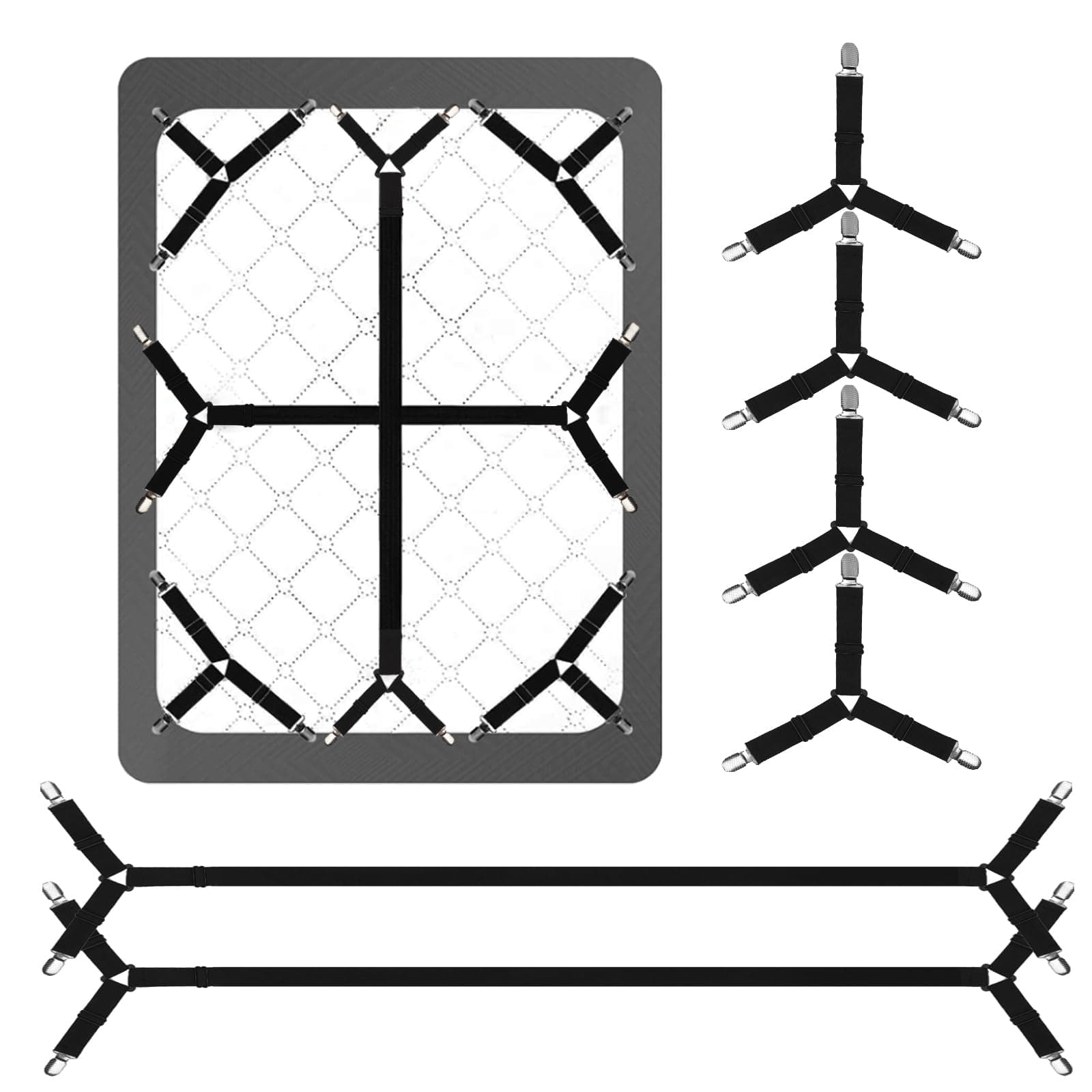 Luyena Bed Sheet Straps,6 PCS Secure and Fitted Sheet Straps for Full Size Bed,Adjustable Sheet Clips Elastic Fasteners Holders for Corners,Enhance Your Sleeping Experience(Black)