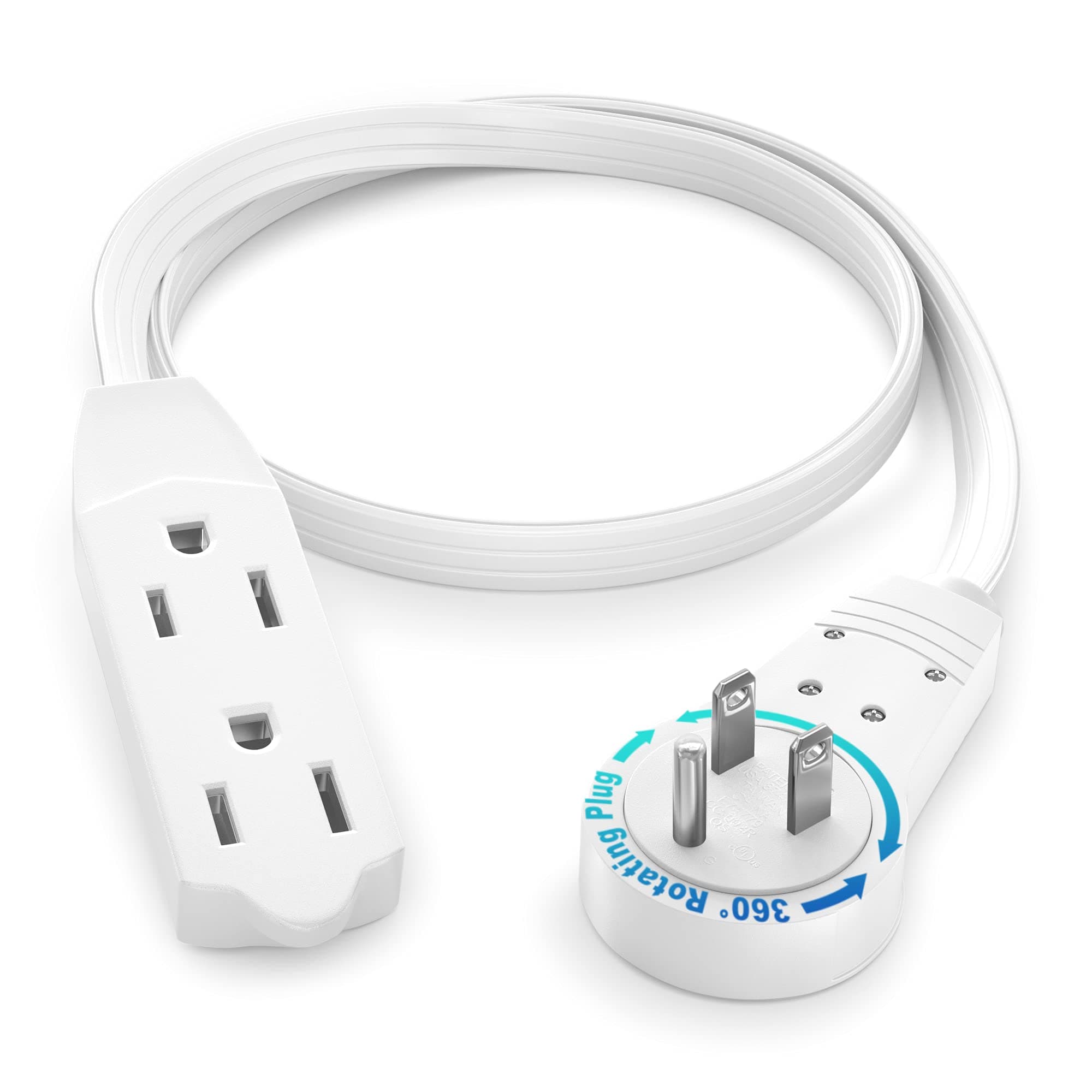 zerkar RRRCable 1 Ft 360° Rotating Flat Plug Extension Cord/Wire, 16 AWG 12 Inch Multi 3 Outlet Extension Wire, 3 Prong Grounded Wire - White - UL Listed