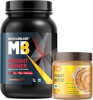 MuscleBlaze Weight Gainer with Added Digezyme, Chocolate, 1 kg / 2.2 lb, 10 Servings with Classic Peanut Butter, Crunchy, 340 g (Combo Pack)
