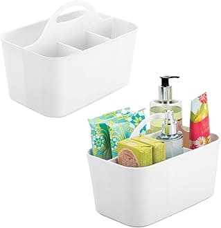 mDesignSmall Plastic Shower/Bath Storage Organizer Caddy Tote with Handle - Dorm, Shelf, Cabinet - Soap, Shampoo, Conditioner, Combs, Brushes, Lumiere Collection, 2 Pack, White