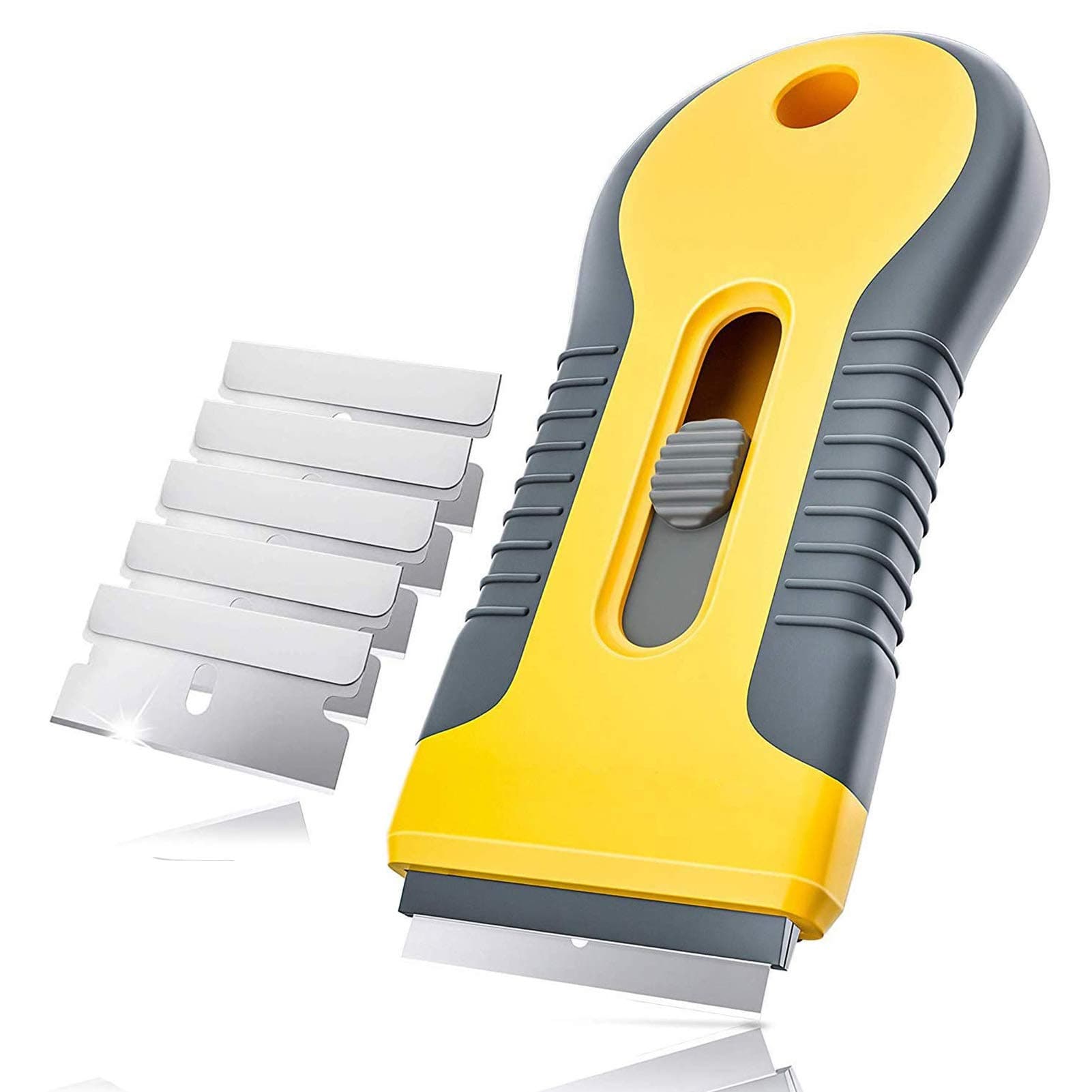 MnixyCleaning Tool Scraper with 5 Spare Replacement for Ceramic hobs Glass Oven Door, Yellow, 11.55cm