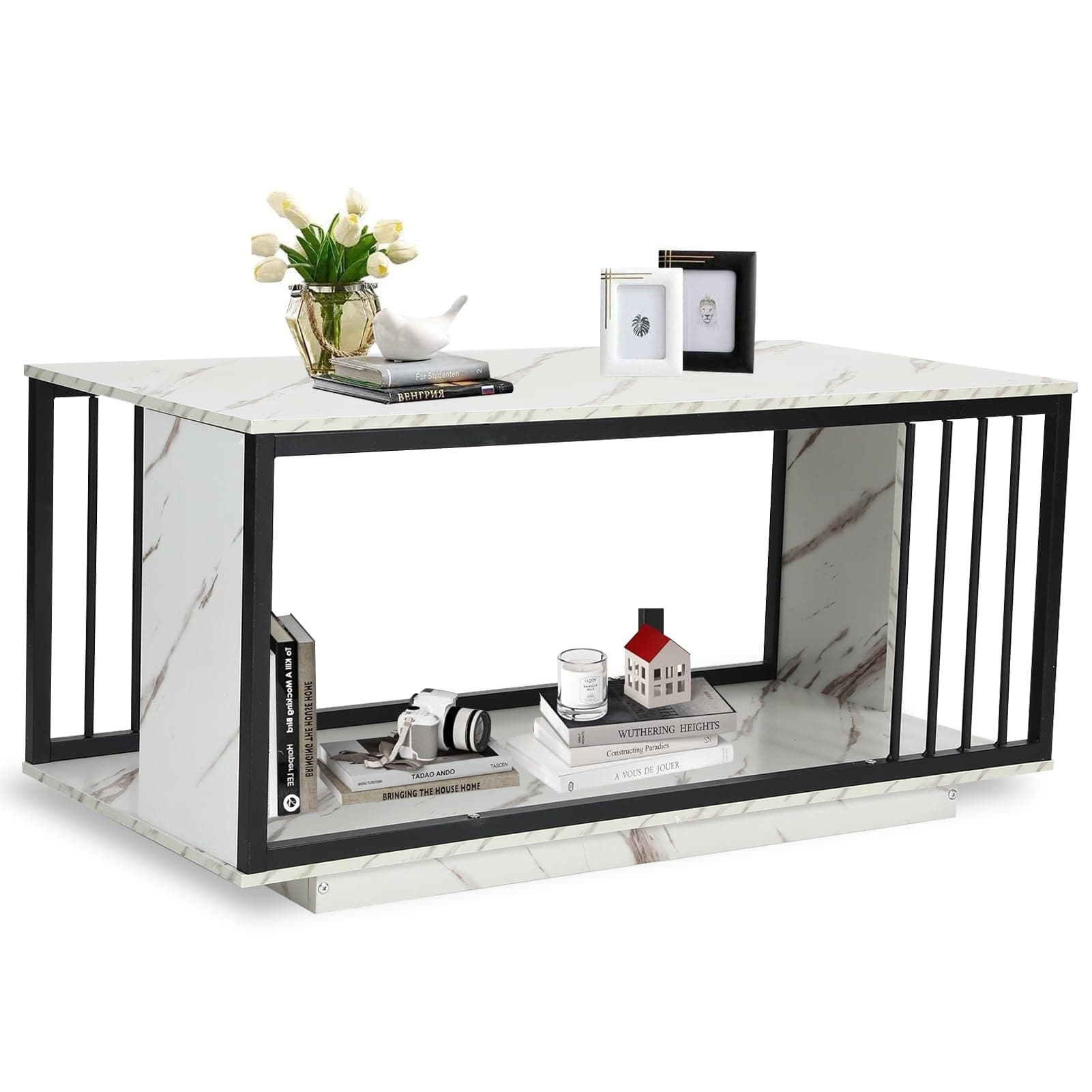 DAYONG Coffee Table, 2-Layer Storage Center Table with Wood and Metel Construction, 39.4" Rectangle Side End Table for Living Room Bedroom Workspace (White)