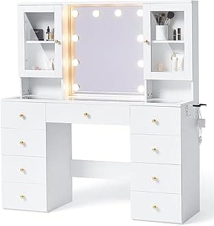 LINSY HOME Glass Top Vanity White Makeup Vanity with Mirror and Lights, 47" Make Up Vanitys Desk with Storage, 9 Drawers, 2 Cabinets and Outlet, Big Vanity Table for Bedroom, Women, Girls