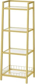 Gold Glass Shelf Stand, 4 Tier Standing Shelf Unit, Bathroom Organizer and Storage, Floor Storage Shelves Waterproof, for Bathroom, Laundry, Toilet, Tempered Glass, Gold GD79CJ01