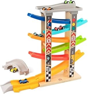 TOP BRIGHT Toddler Car Toy, Wooden Race Car Ramp Car Track with 6 Wood Race Cars, 1 Parking Garage & Extra Bridge for Boys & Girls Gift