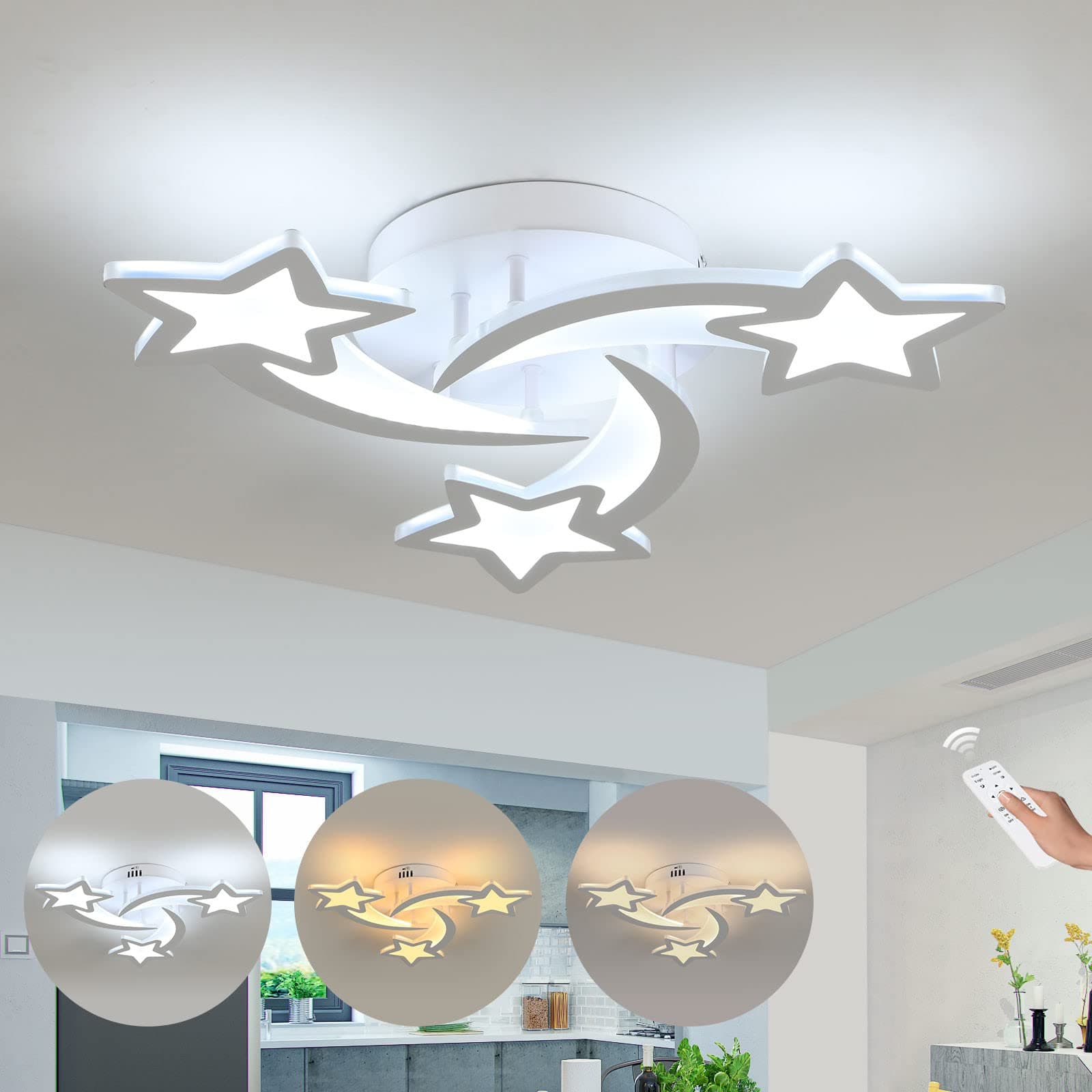 Comely LED Ceiling Light Dimmable, 30W Modern Bedroom Ceiling Lights with Remote Control, Creative Star Design White Chandelier for Living Room, Children's Room, Dining Room