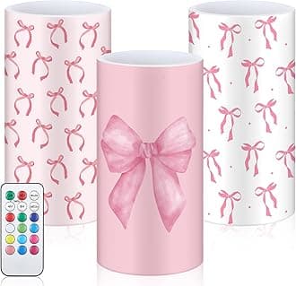 Retisee 3 Pcs Coquette Pink Bow Flameless LED Candles with Remote Pink Bow Room Decor 3x6 Inch Color Changing Battery Operated Pillar Candles for Party
