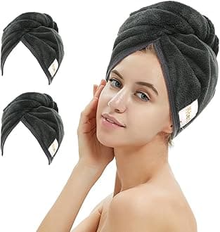 2 Pack Microfiber Hair Towel Wrap,Hair Drying Towel with Button,Absorbent and Anti-frizz Head Towel to Dry Curly or Straight Hair Quickly (Black)