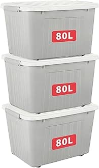 80L*3 Storage Boxes with Wheels, Plastic Storage Box with Lid, Latching Buckles, Click Closure, Stackable, Nesting, Durable Organizer for Home Office Clothes, Gray, 80L-3 Pack
