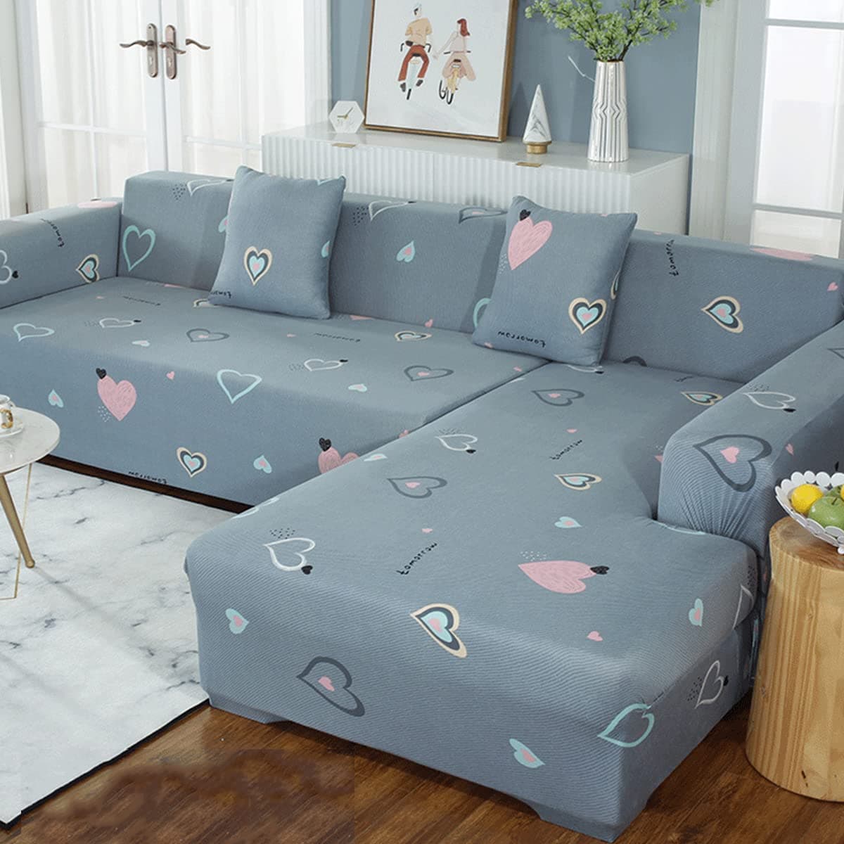 2 pcs Sectional Couch Covers, Printed L-Shaped , Stretch Couch Slipcovers for Sectional Sofa,Suitable for combined chaise longue cover (Pattern YJSE, 3 seat+ 4 seat )