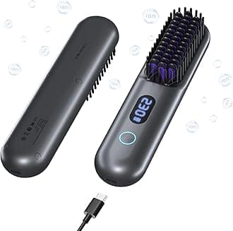 Cordless Hair Straightener Brush-Portable Straightening Comb, 9600mAh Batt, Plasma Tech, 9 Temp-Settings & LED Display, for Travel & Home (Grey)