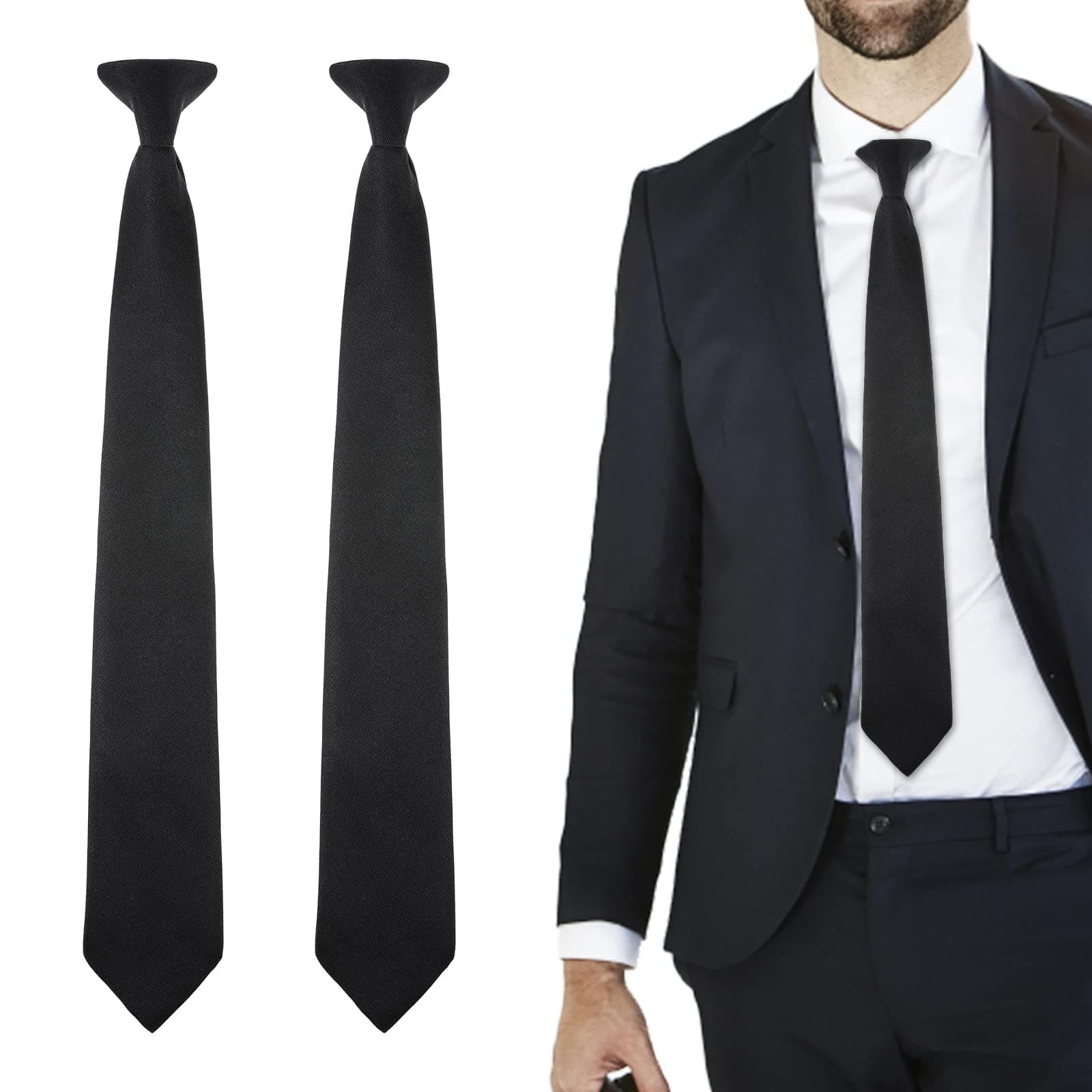 2pcs Black Tie for Men's, Clip-on Ties Solid Uniform Pre-tied Adjustable Neck Strap Tie Black Clip On Tie Clip On Black Ties For Men for Wedding Funeral Formal Business Tie Graduation School Uniforms