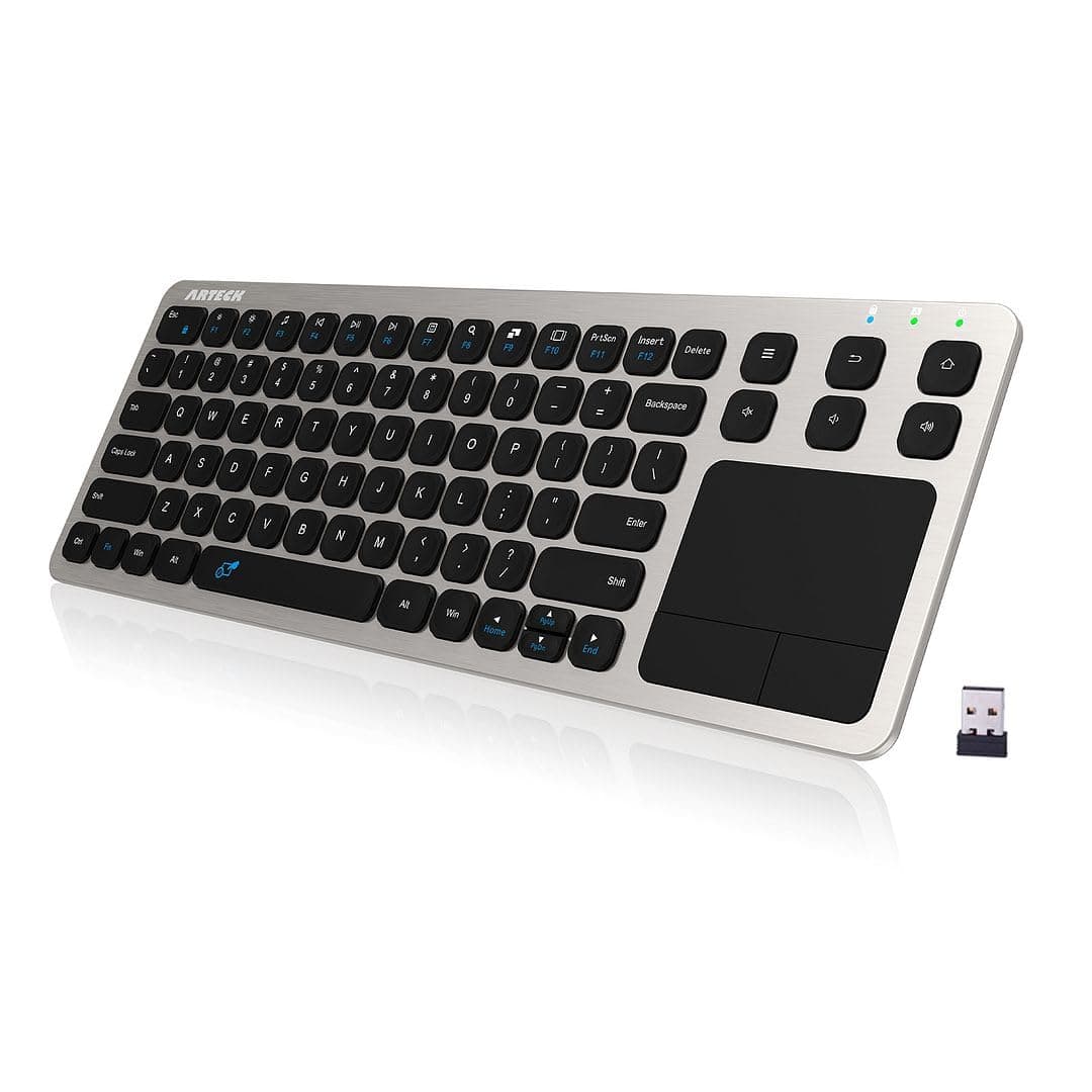 Arteck Wireless Keyboard, 2.4G Wireless Touch TV Keyboard with Easy Media Control and Built-In Touchpad Mouse Solid Stainless Ultra Compact Full Size Keyboard for TV-Connected Computer, Smart TV, HTPC
