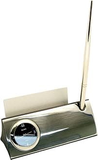 Bey-Berk D144 Silver Plated Desk Quartz Clock with Business Card Holder and Pen, Grey
