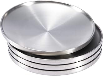 Sumerflos 304 Stainless Steel Dinner Plate, 9" Double-layer Round Dessert Plate, Serving Camping Salad Plate for Homr Kichten, Outdoor Camping, Snack and BBQ - Set of 4